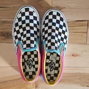 Vans Checkered Slip-On Sneakers with Pink and Blue Accents